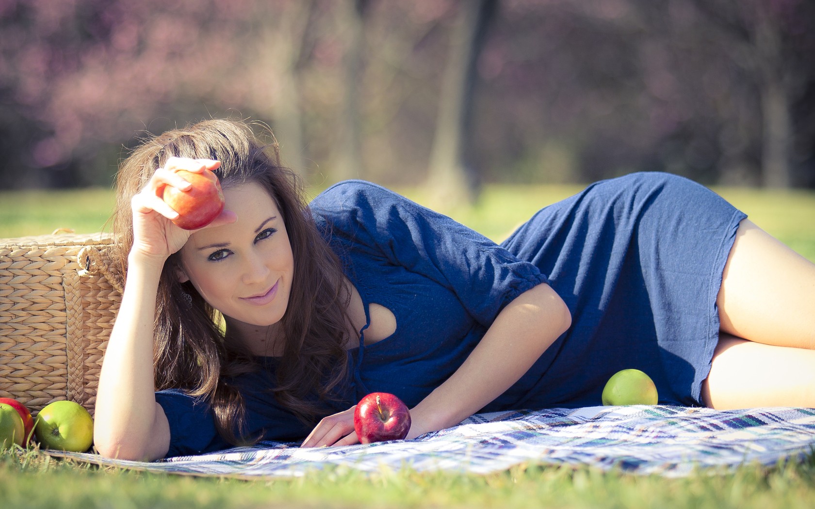 women dress blue dress apples lying down auburn hair Wallpaper