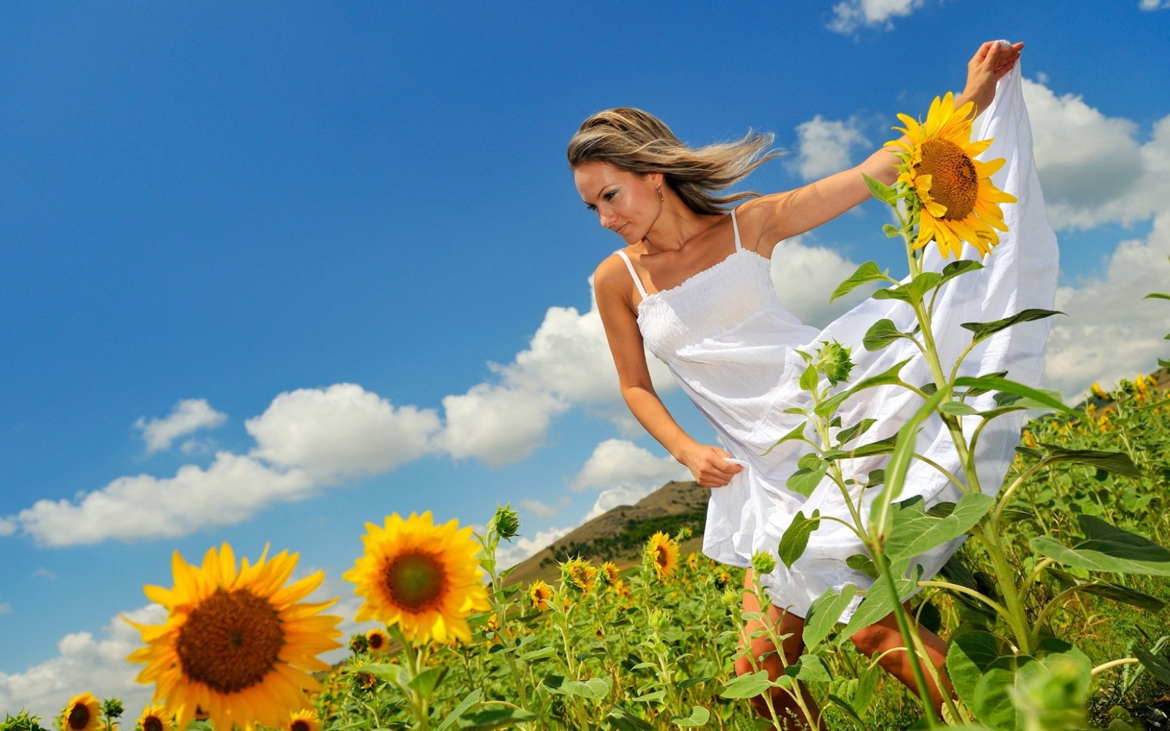 women sunflowers blonde Wallpaper