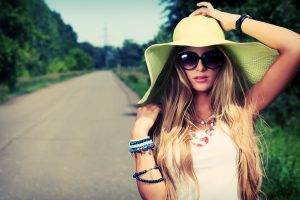 women hands on head road sunglasses blonde necklace bangles