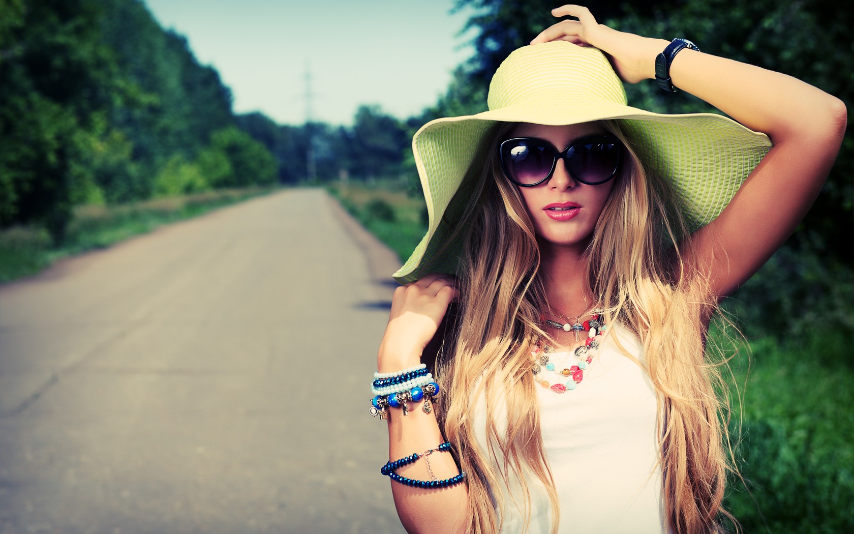 women hands on head road sunglasses blonde necklace bangles Wallpaper