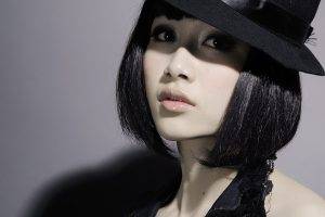 asian women face black hair funny hats short hair pale