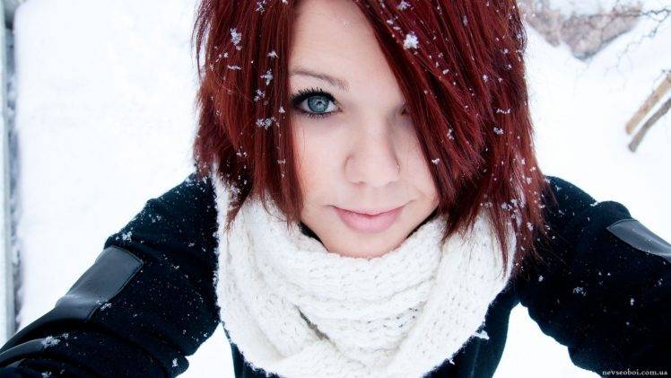 women winter redhead blue eyes HD Wallpaper Desktop Background
