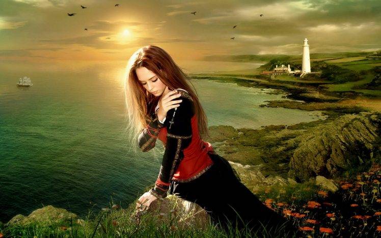 women model brunette gothic sea lighthouse nature fantasy art HD Wallpaper Desktop Background