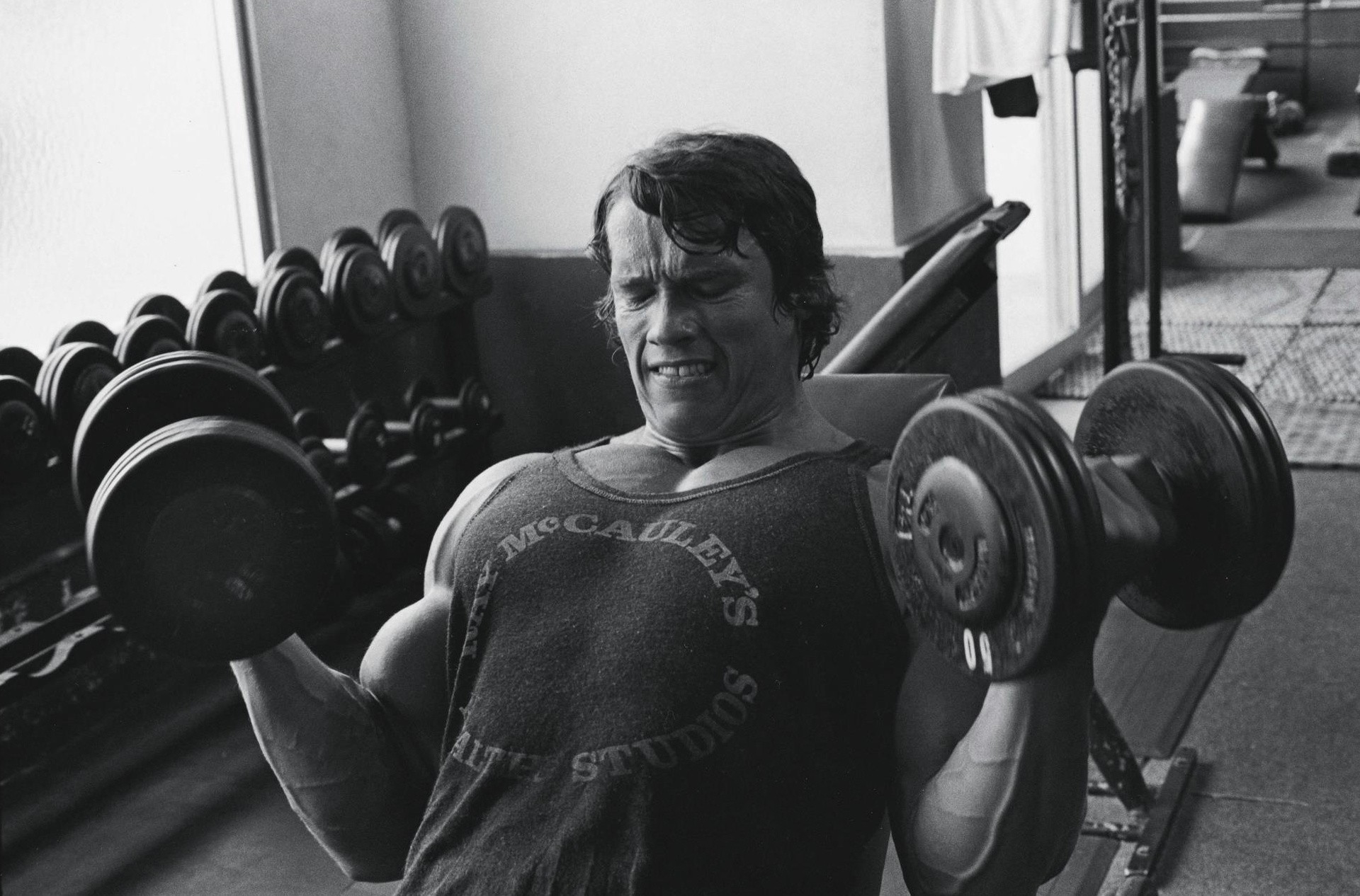 arnold schwarzenegger bodybuilding bodybuilder barbell dumbbells gyms exercising Wallpaper