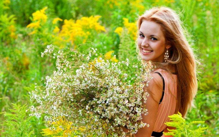 women model women outdoors smiling flowers earrings field nature blonde HD Wallpaper Desktop Background
