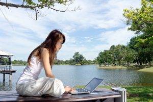 women model brunette long hair women outdoors white dress asian trees laptop sitting water