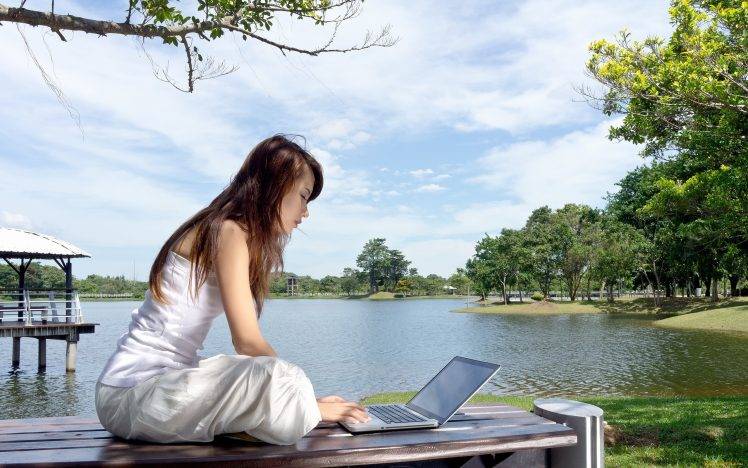 women model brunette long hair women outdoors white dress asian trees laptop sitting water HD Wallpaper Desktop Background