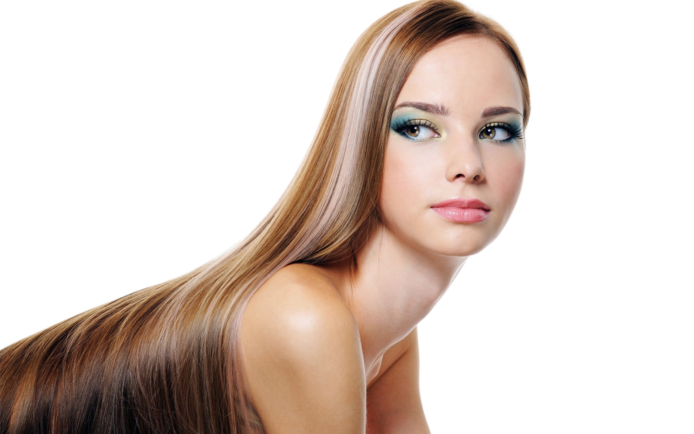 women model brunette long hair white background face Wallpaper