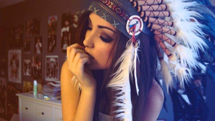 women brunette fingers feathers HD Wallpaper Desktop Background
