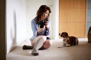 women brunette dog camera jack russell terrier