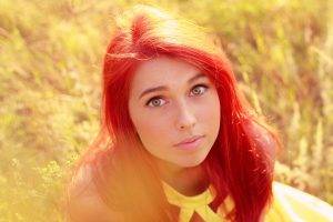 model women face redhead dyed hair hazel eyes