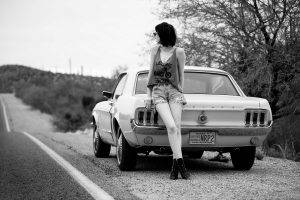 model women black hair car ford mustang