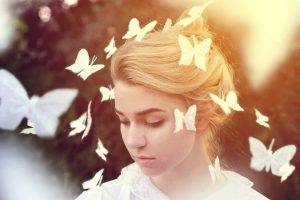 women face photo manipulation butterfly blonde looking away