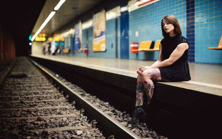 subway train station women tattoo brunette sitting black dress dress HD Wallpaper Desktop Background