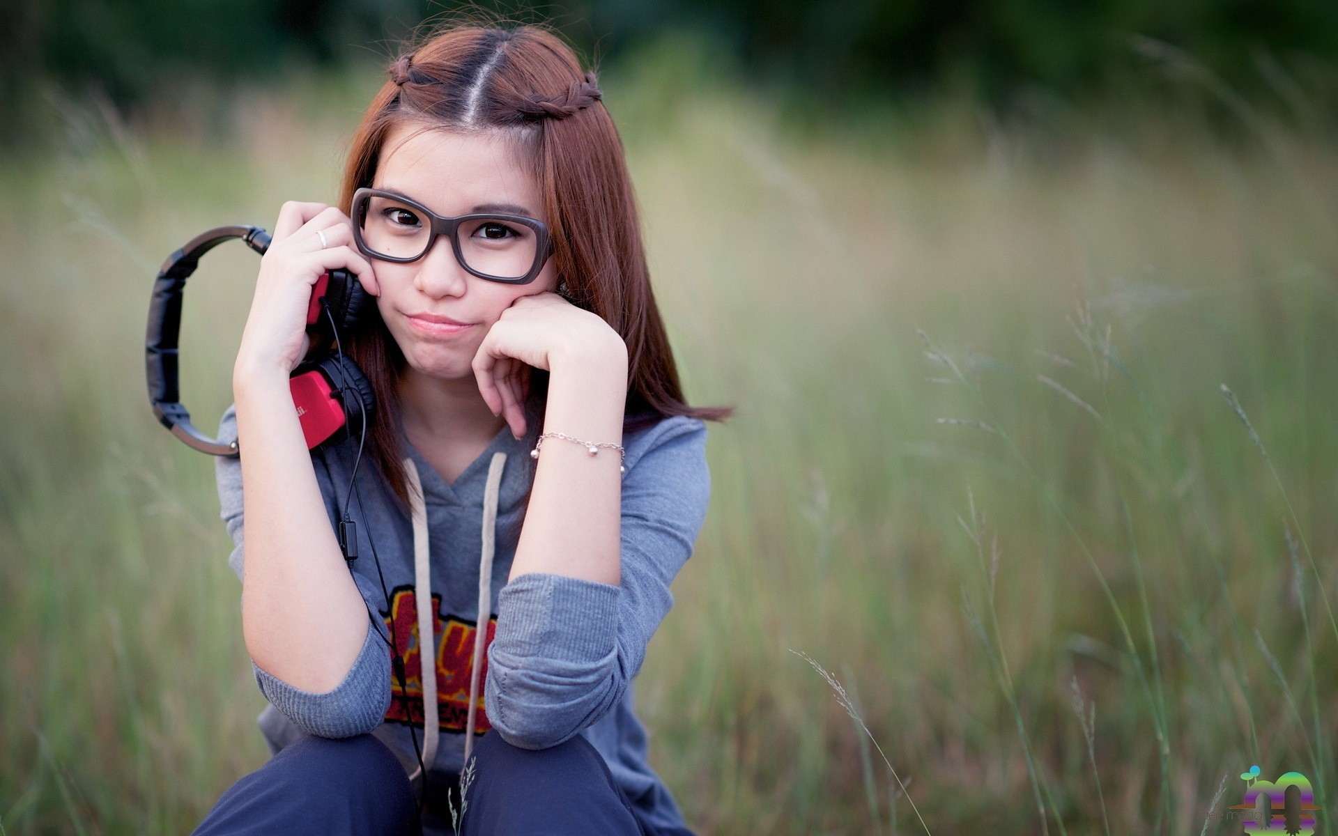 asian glasses women outdoors headphones hands on head brunette women Wallpaper