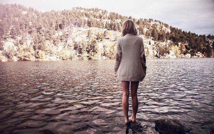 women outdoors lake hill sweater dress barefoot ripples back blonde HD Wallpaper Desktop Background