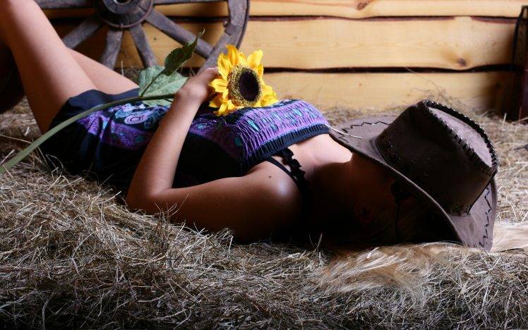 women sunflowers lying on back hay wheels blonde barns HD Wallpaper Desktop Background