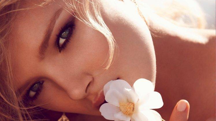 women model blonde flowers face HD Wallpaper Desktop Background