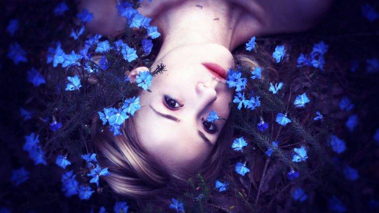 women upside down blue flowers HD Wallpaper Desktop Background