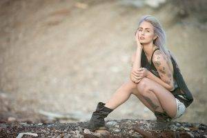 women model women outdoors open mouth tattoo shorts boots rock piercing dyed hair
