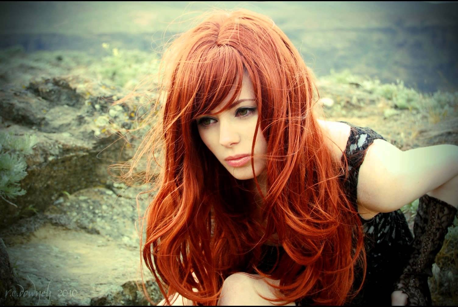 redhead green eyes women women outdoors gothic Wallpaper
