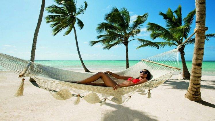 relaxation relaxing beach palm trees sunlight sun hammocks HD Wallpaper Desktop Background