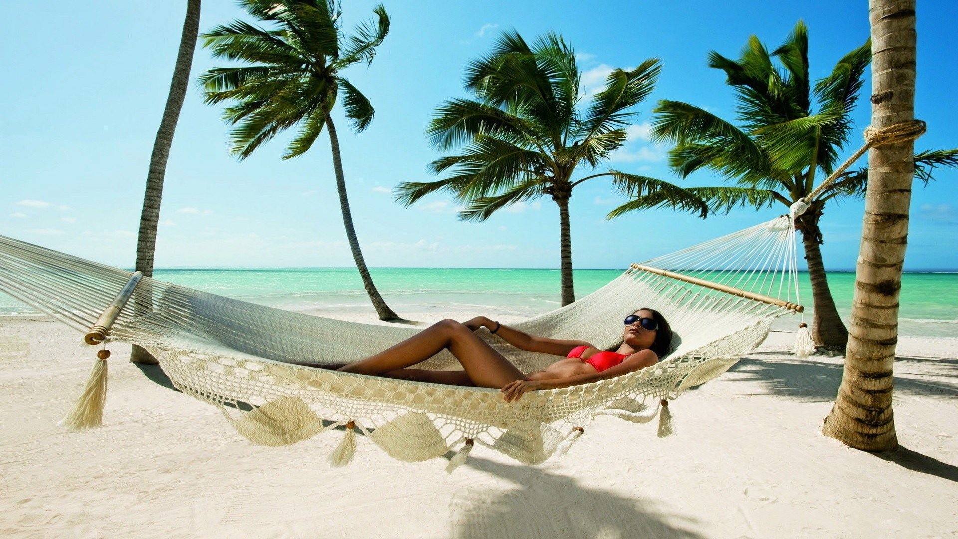 relaxation relaxing beach palm trees sunlight sun hammocks Wallpaper