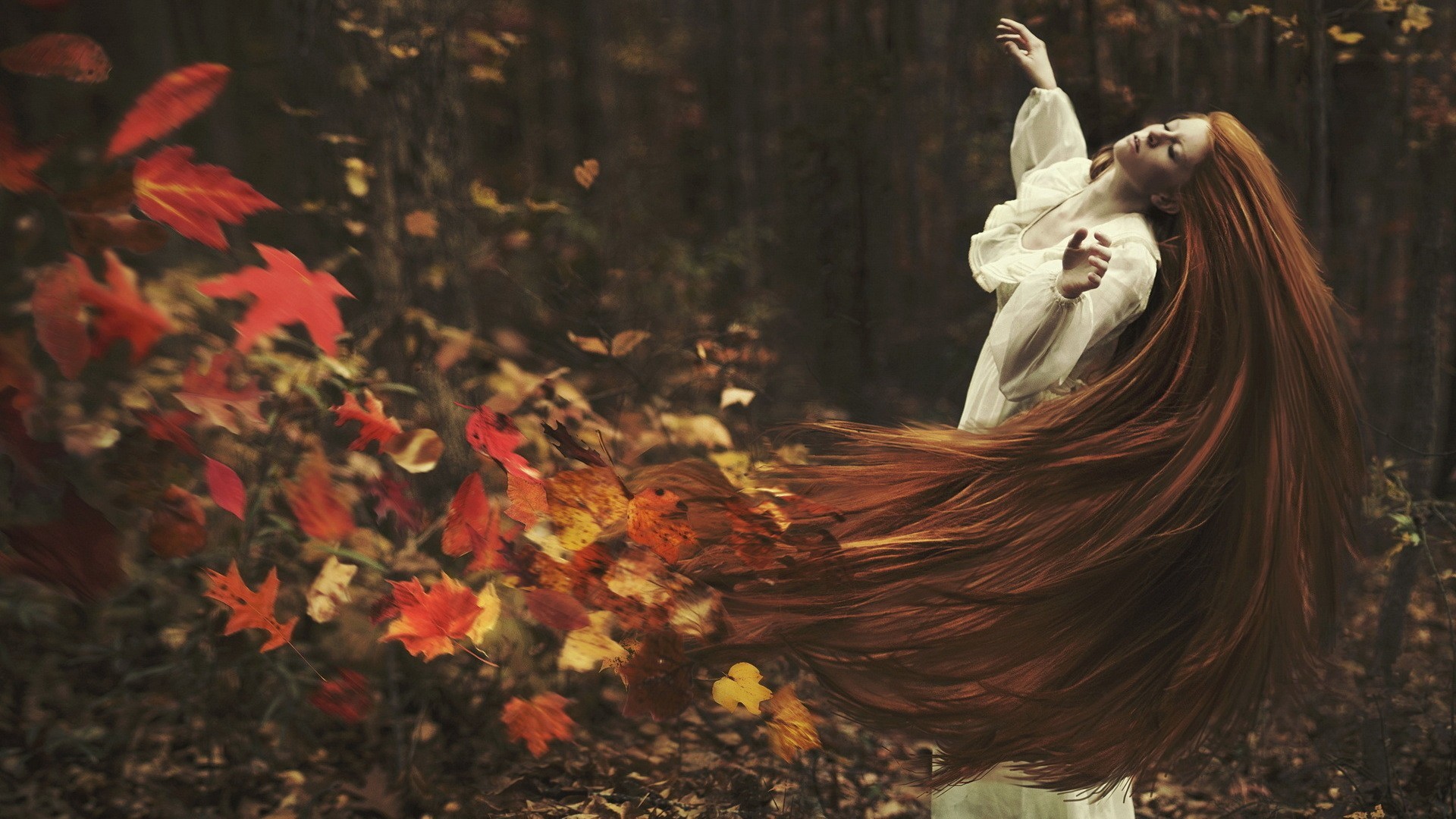 women redhead long hair photo manipulation women outdoors Wallpaper