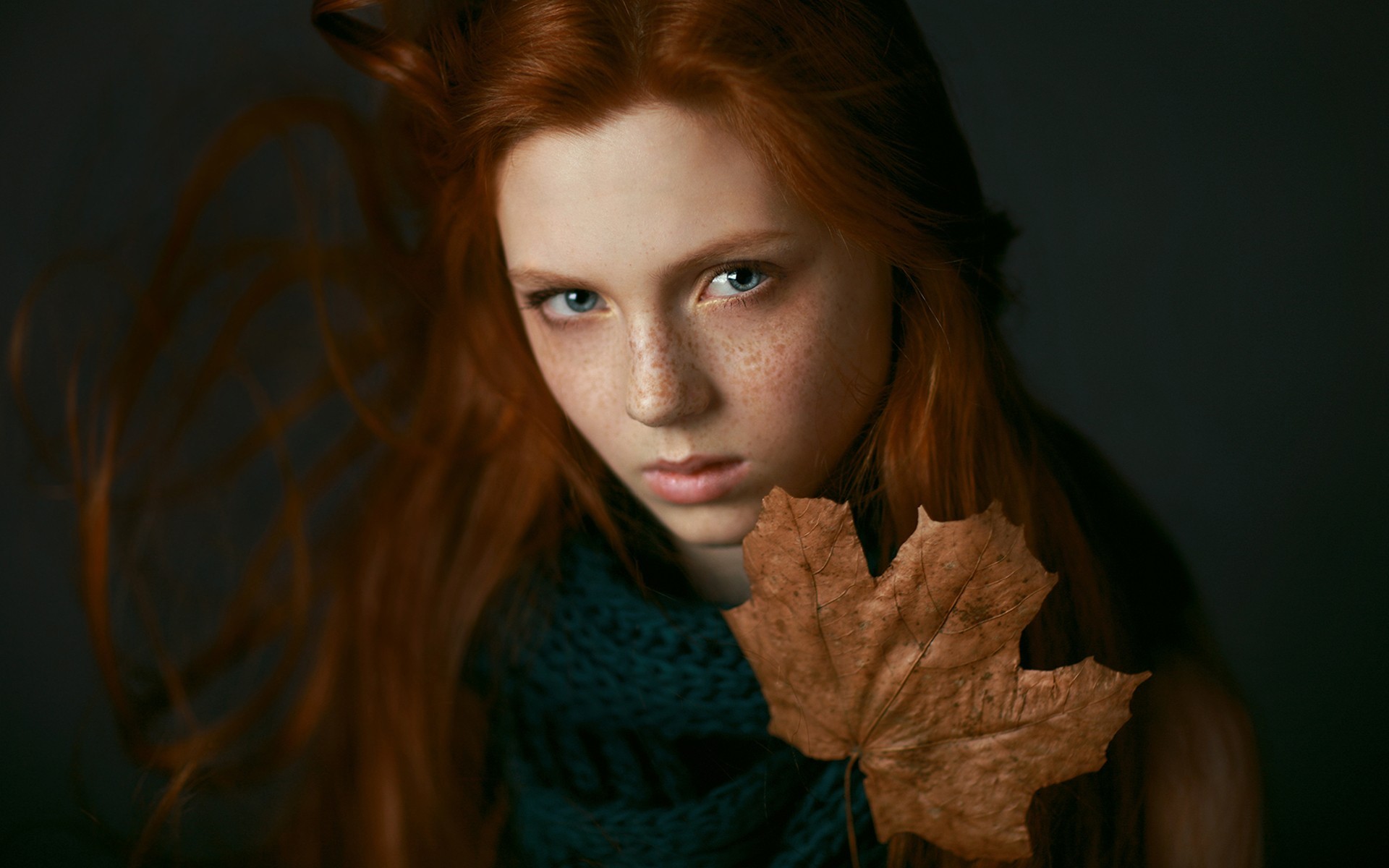 redhead women leaves blue eyes long hair freckles face Wallpaper