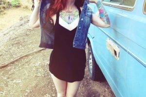 redhead hattie watson women tattoo black dress