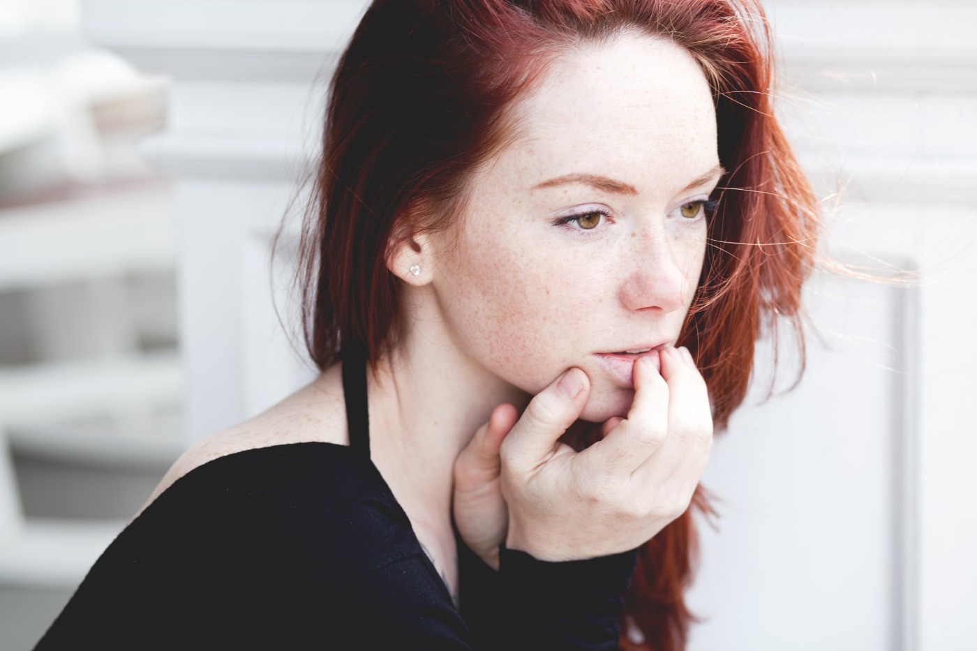 redhead hattie watson women hazel eyes face freckles black tops Wallpaper