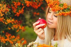 women model blonde closed eyes smiling women outdoors apples nature wreaths