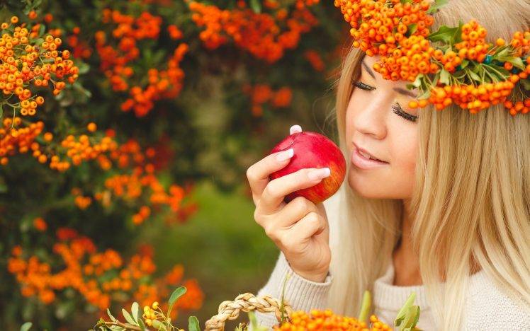 women model blonde closed eyes smiling women outdoors apples nature wreaths HD Wallpaper Desktop Background