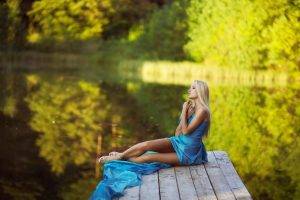 women women outdoors blonde long hair blue dress pier