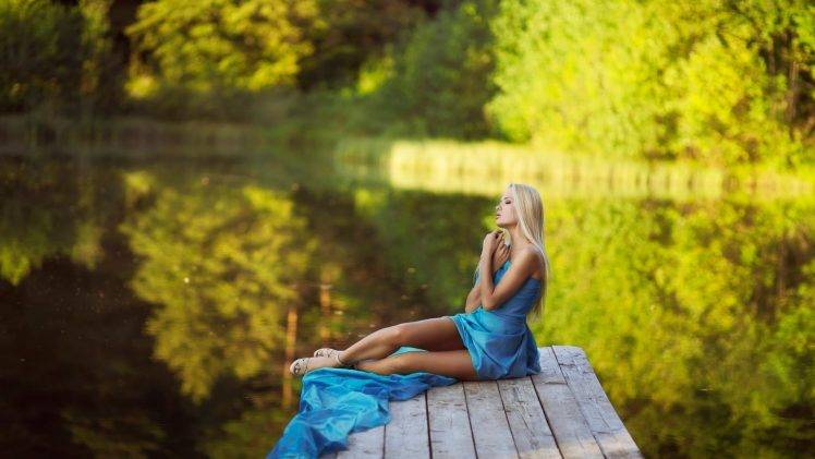 women women outdoors blonde long hair blue dress pier HD Wallpaper Desktop Background