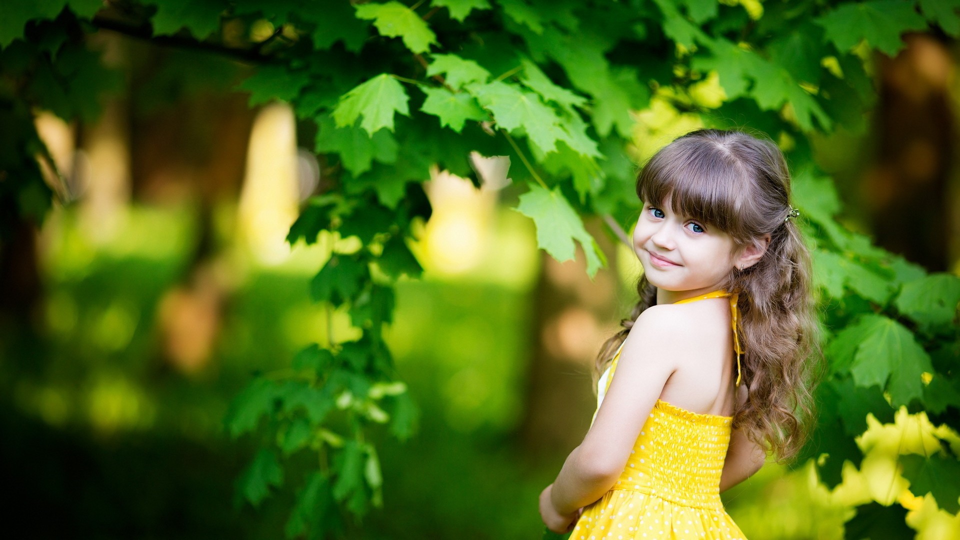 children leaves yellow dress bangs smiling Wallpaper