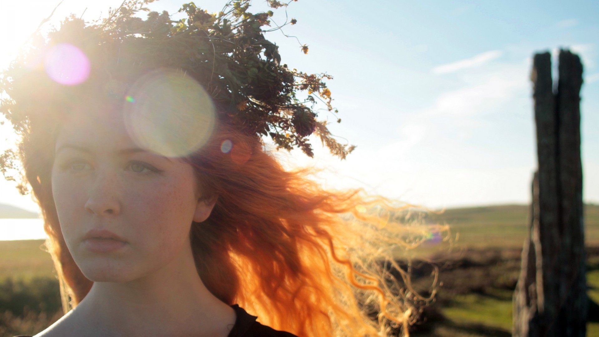 lens flare redhead women outdoors sunlight wreaths Wallpaper