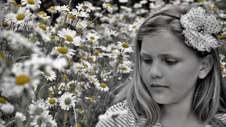 daisies children selective coloring flowers hair bows HD Wallpaper Desktop Background