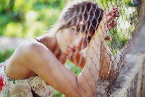 looking at viewer fence women outdoors bangs depth of field bokeh brunette red nails women