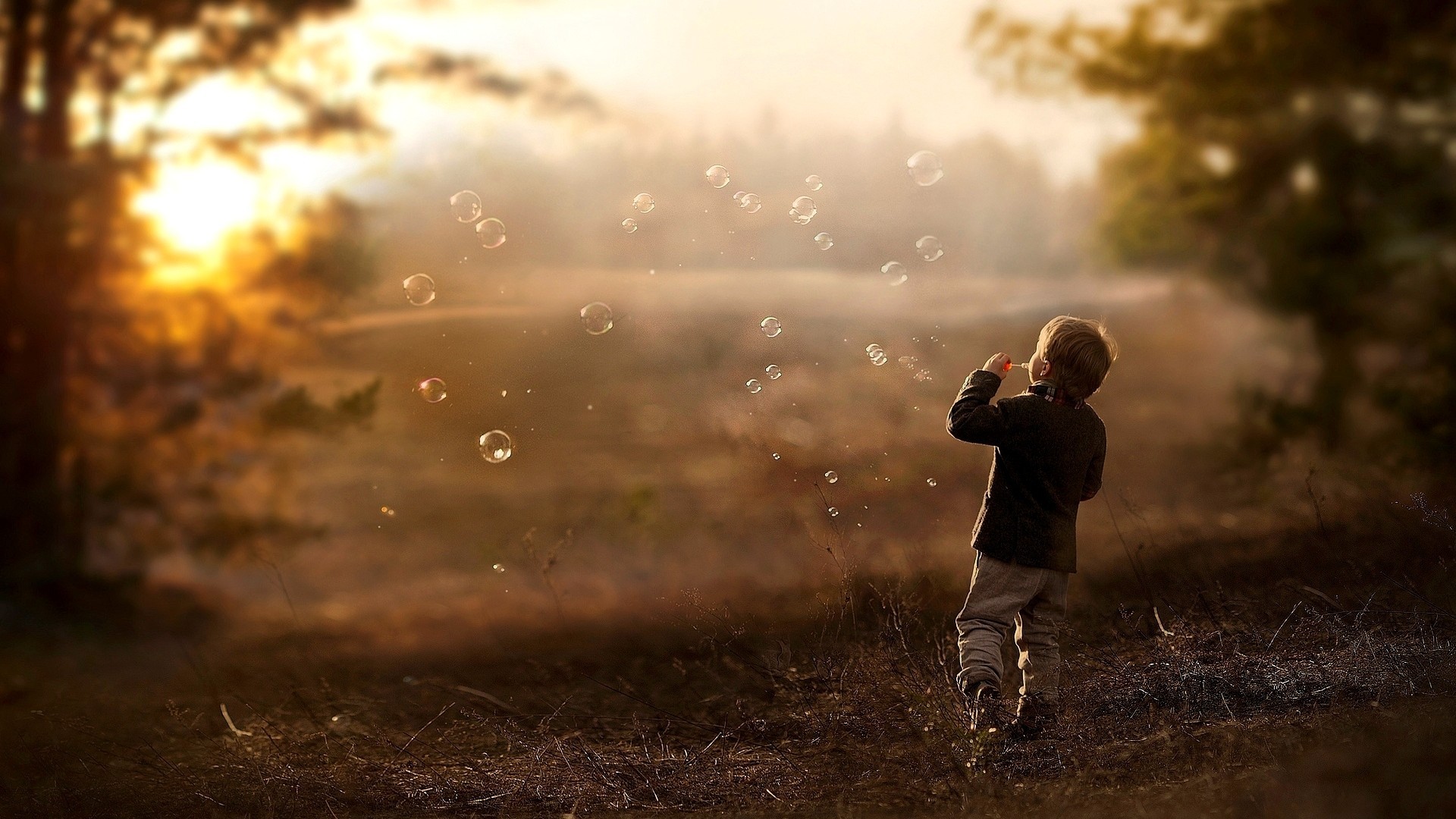 children bubbles depth of field nature sunlight Wallpaper