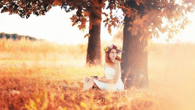 trees fall leaves sunlight wreaths white dress sitting women outdoors HD Wallpaper Desktop Background