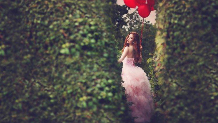 women redhead hedges looking back balloons pink dress HD Wallpaper Desktop Background