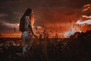 long hair model women outdoors redhead sunset field filter