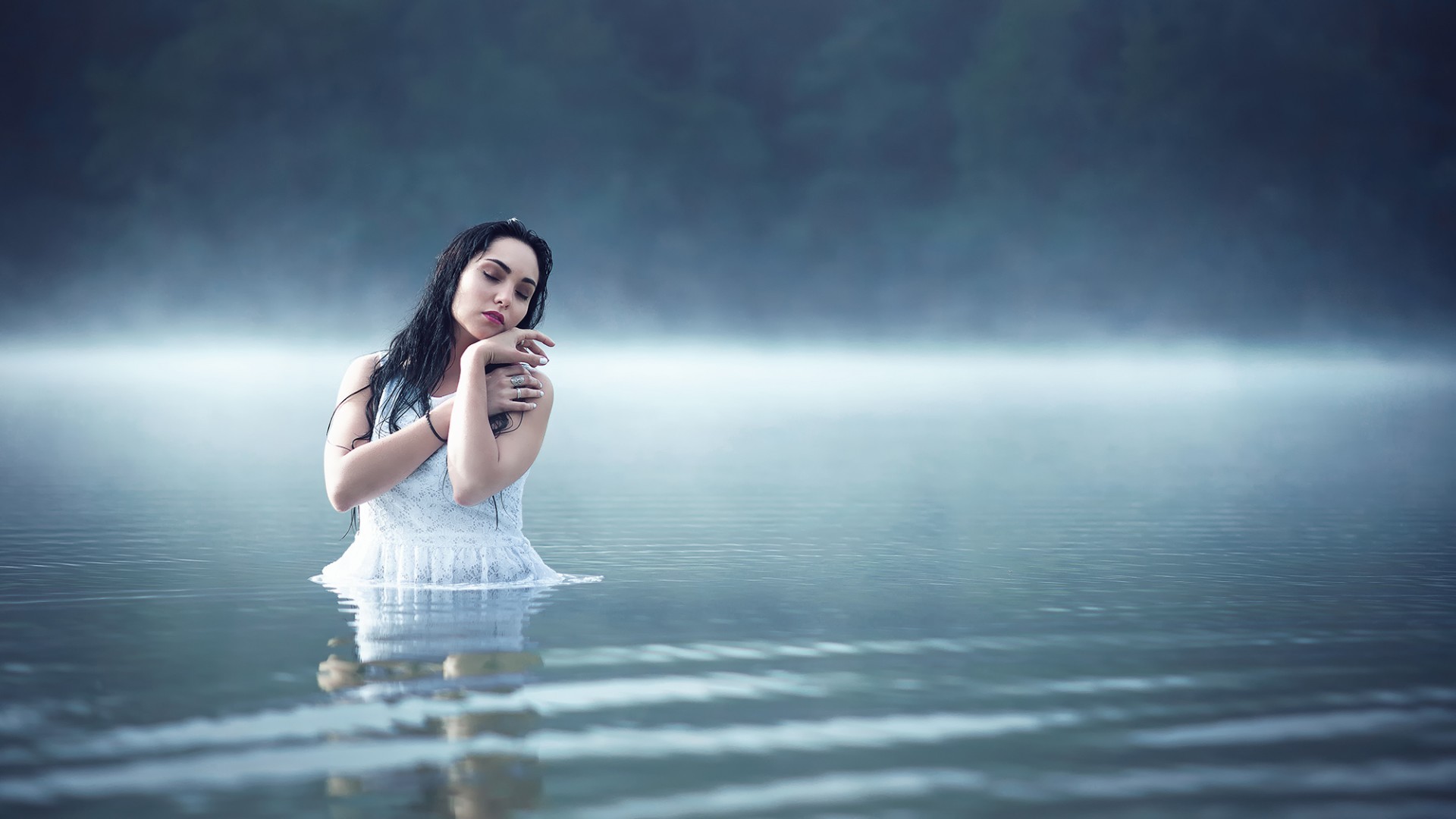 women black hair lake Wallpaper