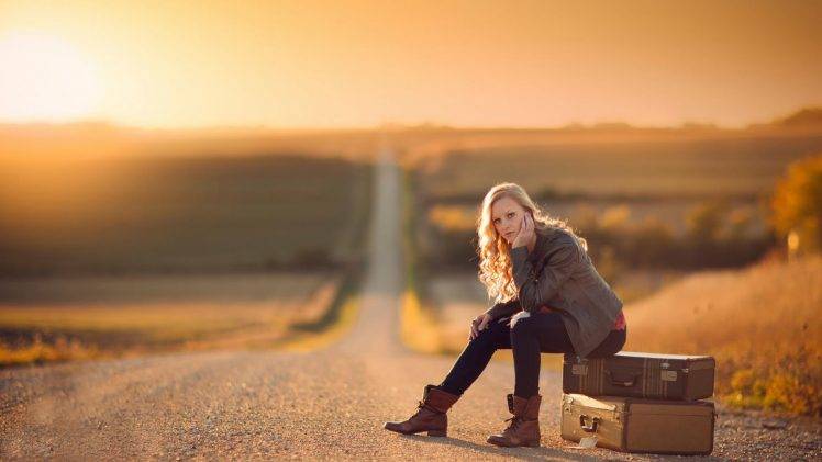 women blonde women outdoors road sunset suitcases sitting jake olson nebraska curly hair HD Wallpaper Desktop Background