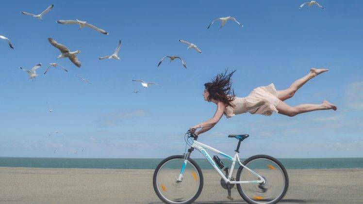 women bicycle beach birds photo manipulation HD Wallpaper Desktop Background