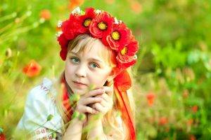 children flowers wreaths green eyes red flowers blonde bangs