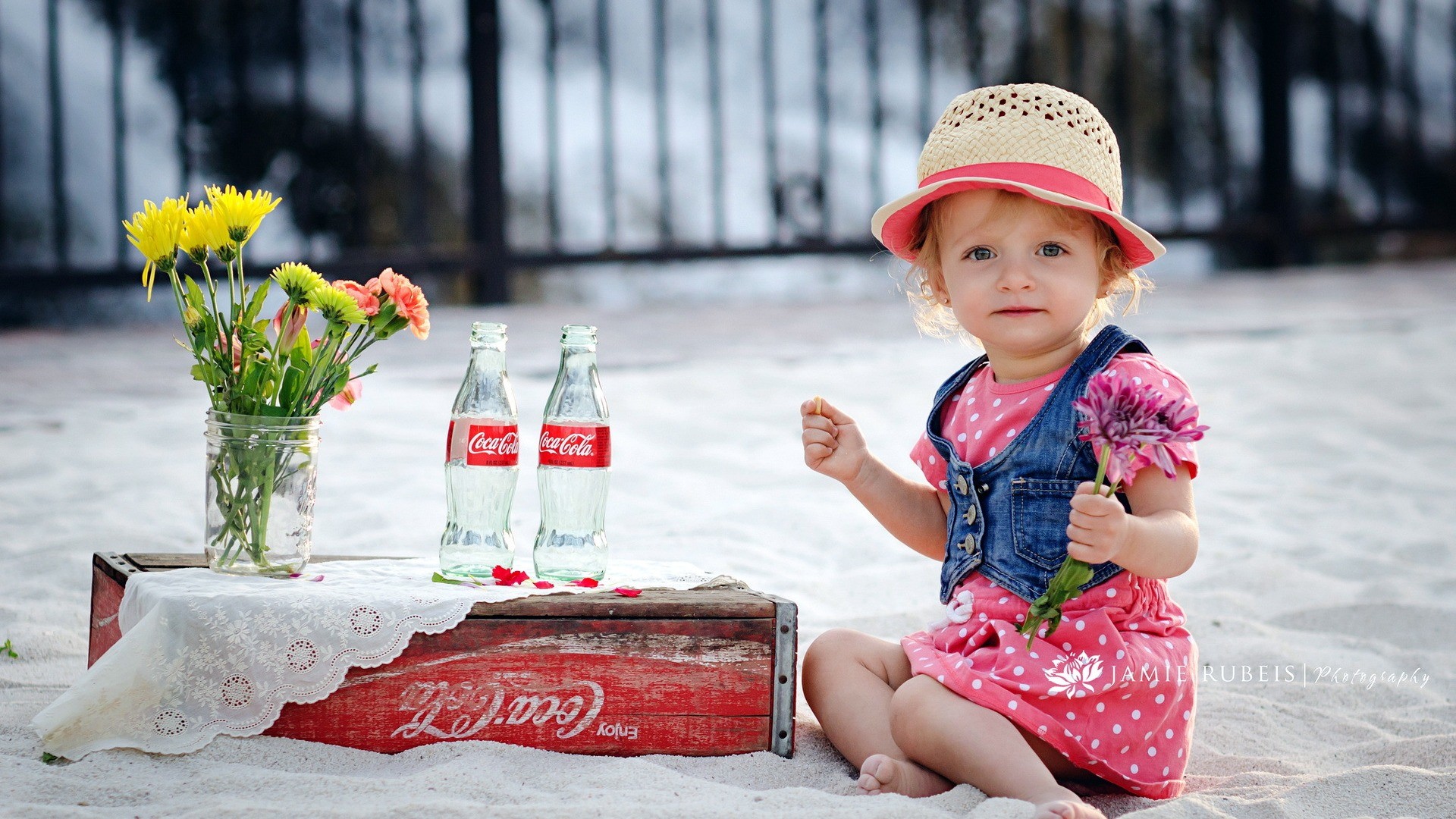 children coca cola polka dots jars bottles flowers Wallpaper