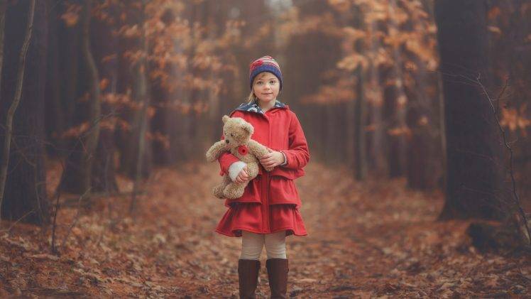 children woolly hat teddy bears forest fall HD Wallpaper Desktop Background