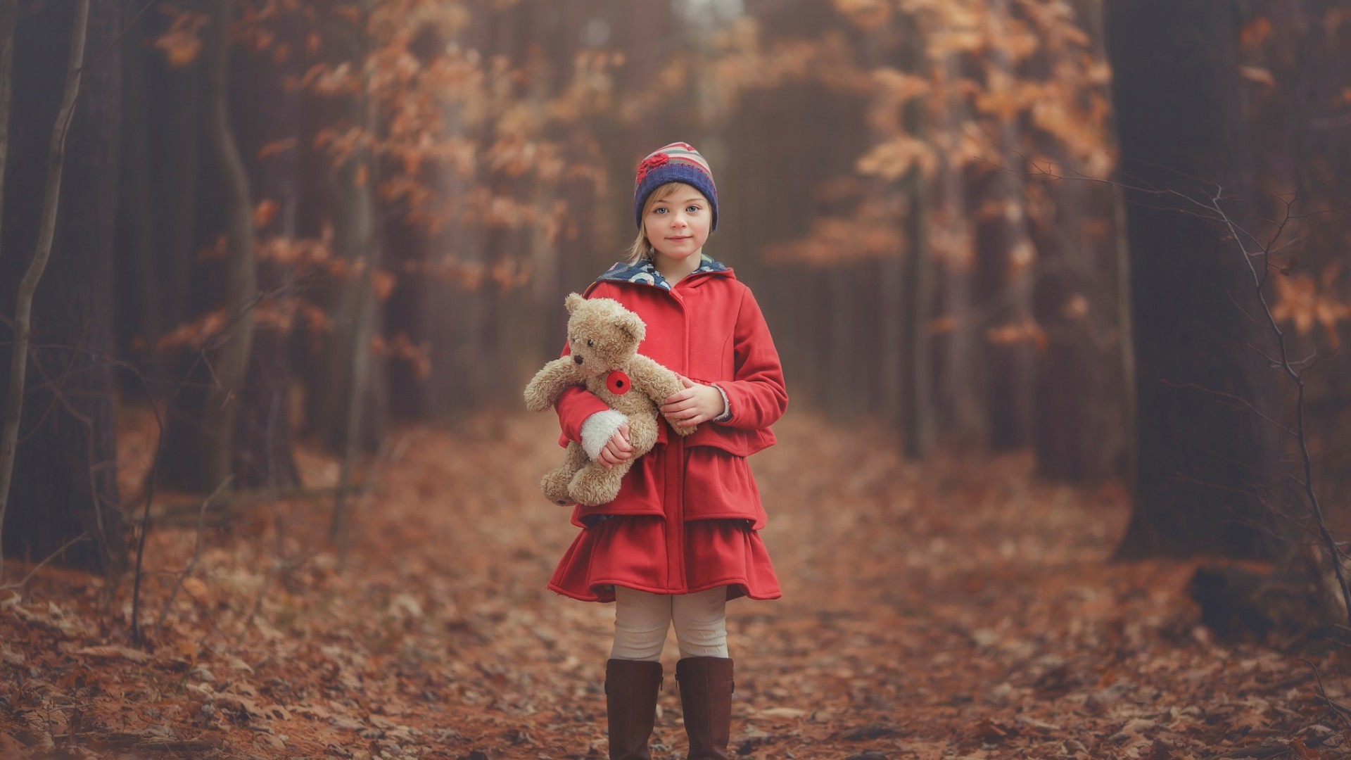 children woolly hat teddy bears forest fall Wallpaper